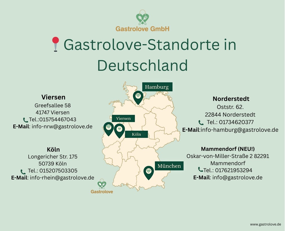 Gastro-Love-Standortkarte mit Adressen und Telefonnummern für Mammendorf, Norderstedt, Viersen und Köln